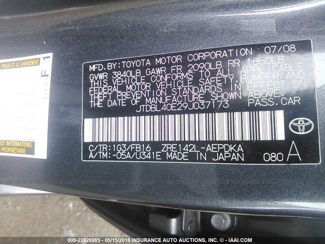 JTDBL40E29J037173 - 2009 TOYOTA COROLLA LE/XLE GRAY photo 8