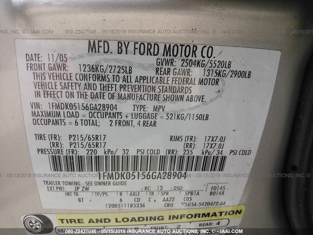 1FMDK05156GA28904 - 2006 FORD FREESTYLE SEL SILVER photo 9