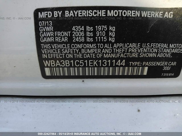WBA3B1C51EK131144 - 2014 BMW 320 I WHITE photo 9