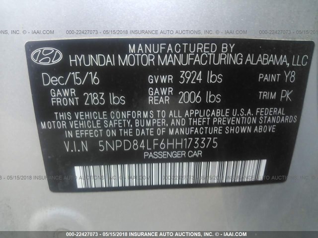 5NPD84LF6HH173375 - 2017 HYUNDAI ELANTRA SE/VALUE/LIMITED SILVER photo 9