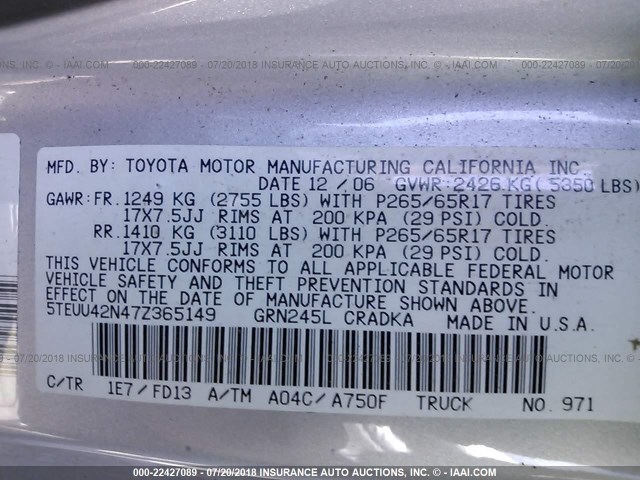 5TEUU42N47Z365149 - 2007 TOYOTA TACOMA ACCESS CAB SILVER photo 9