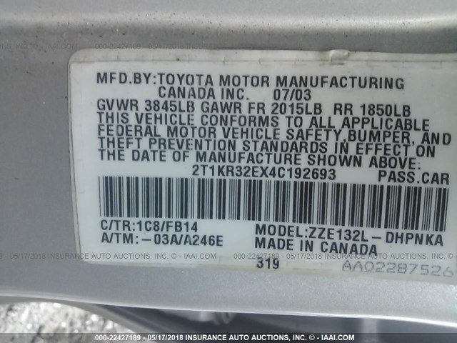 2T1KR32EX4C192693 - 2004 TOYOTA COROLLA MATRIX XR SILVER photo 9