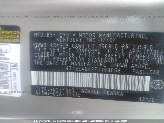 4T1BE46K27U188058 - 2007 TOYOTA CAMRY NEW GENERAT CE/LE/XLE/SE GOLD photo 9