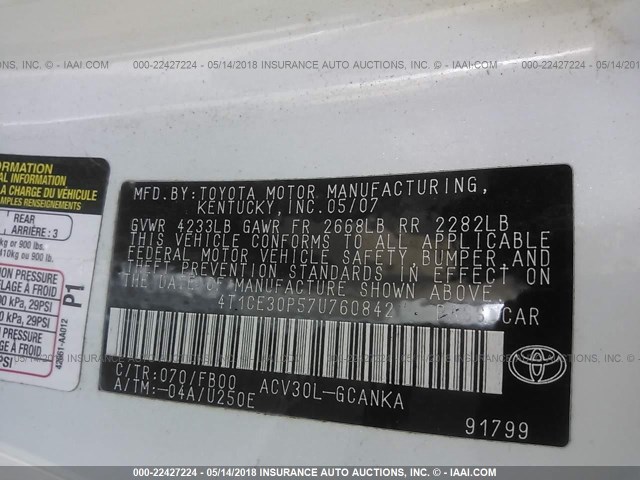 4T1CE30P57U760842 - 2007 TOYOTA CAMRY SOLARA SE/SLE თეთრი ფოტო 9