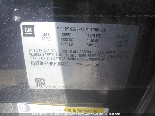 1G1ZB5E19BF184430 - 2011 CHEVROLET MALIBU LS 黑色 照片 9