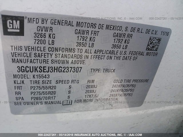 3GCUKSEJ3HG237307 - 2017 CHEVROLET SILVERADO K1500 LTZ WHITE photo 9