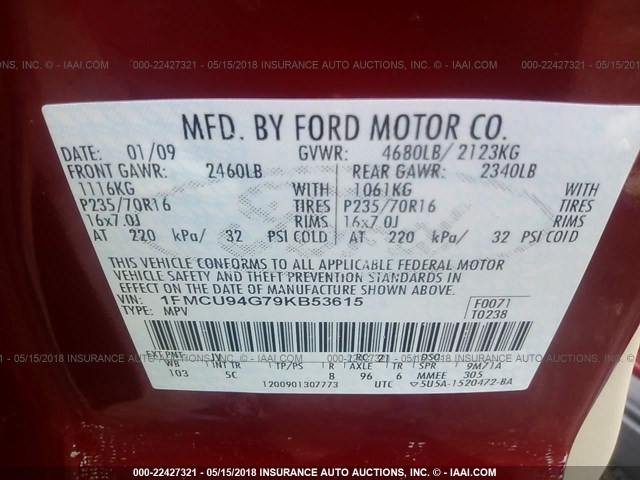 1FMCU94G79KB53615 - 2009 FORD ESCAPE LIMITED RED photo 9
