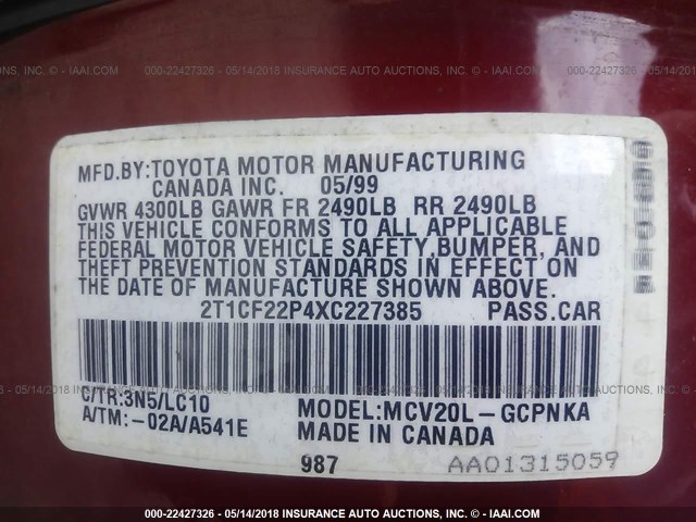 2T1CF22P4XC227385 - 1999 TOYOTA CAMRY SOLARA SE/SLE RED photo 9