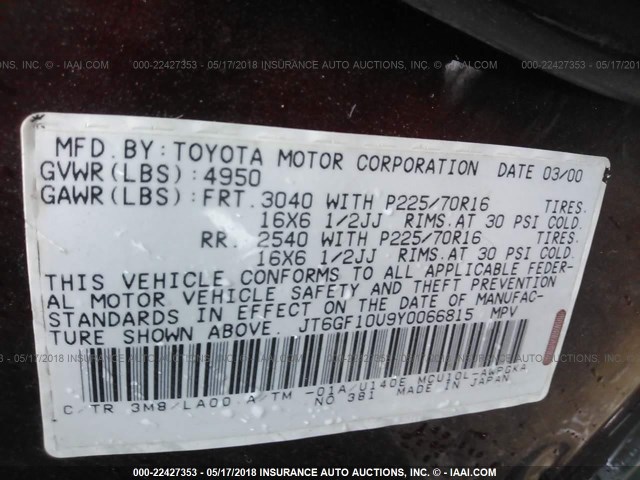 JT6GF10U9Y0066815 - 2000 LEXUS RX 300 BURGUNDY photo 9