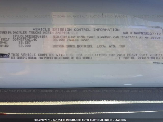 1FUJGLDR5DSBV4154 - 2013 FREIGHTLINER CASCADIA 125  WHITE photo 10