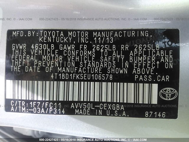 4T1BD1FK5EU106578 - 2014 TOYOTA CAMRY HYBRID/LE/XLE 银色 照片 9