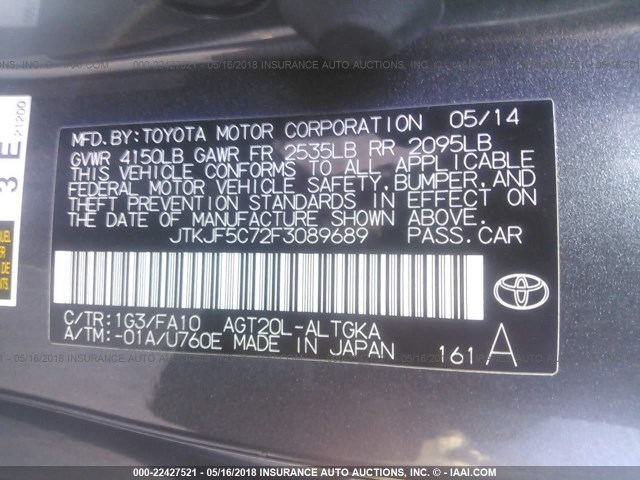 JTKJF5C72F3089689 - 2015 TOYOTA SCION TC GRAY photo 9