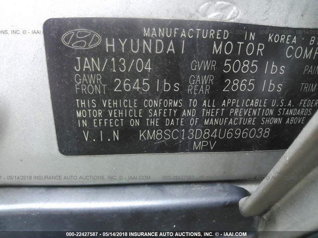 KM8SC13D84U696038 - 2004 HYUNDAI SANTA FE GLS/LX SILVER photo 9