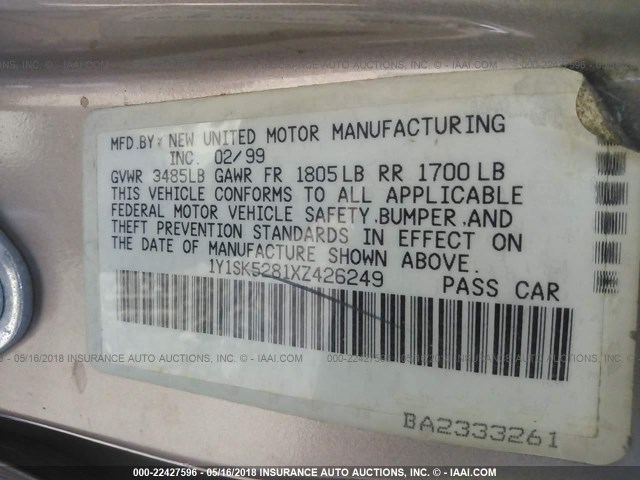 1Y1SK5281XZ426249 - 1999 CHEVROLET GEO PRIZM LSI GOLD photo 9