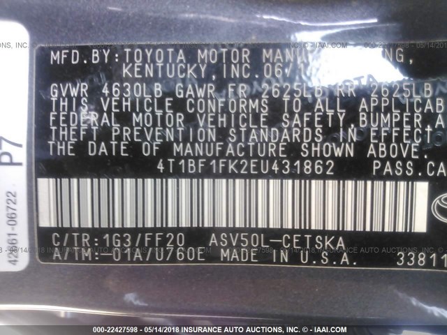 4T1BF1FK2EU431862 - 2014 TOYOTA CAMRY L/SE/LE/XLE Boz foto 9