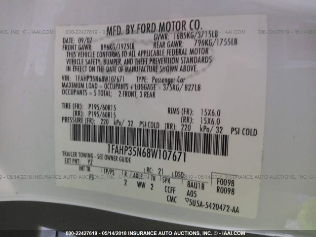 1FAHP35N68W107671 - 2008 FORD FOCUS SE/SEL/SES WHITE photo 9