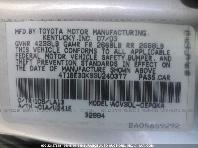 4T1BE30K93U240377 - 2003 TOYOTA CAMRY LE/XLE/SE SILVER photo 9