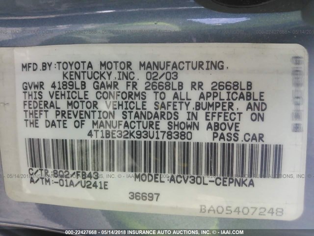 4T1BE32K93U178380 - 2003 TOYOTA CAMRY LE/XLE/SE BLUE photo 9