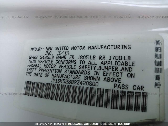 1Y1SK52882Z420800 - 2002 CHEVROLET GEO PRIZM LSI 白色 照片 9