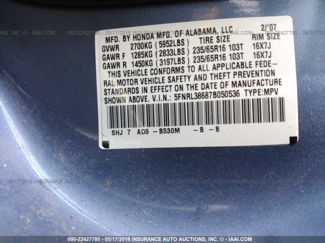 5FNRL38687B050536 - 2007 HONDA ODYSSEY EXL TEAL photo 9