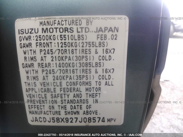 JACDJ58X927J08574 - 2002 ISUZU TROOPER S/LS/LIMITED BLUE photo 9