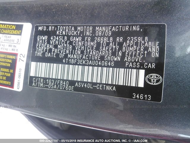 4T1BF3EK3AU040646 - 2010 TOYOTA CAMRY SE/LE/XLE GRAY photo 9
