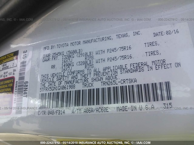 5TFRX5GN1GX061988 - 2016 TOYOTA TACOMA ACCESS CAB/SR/SR5 白色 照片 9