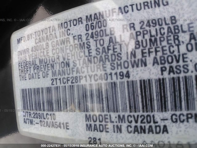 2T1CF28P1YC401194 - 2000 TOYOTA CAMRY SOLARA SE/SLE შავი ფოტო 9