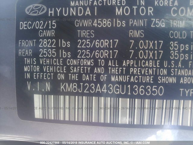 KM8J23A43GU136350 - 2016 HYUNDAI TUCSON SE GRAY photo 9