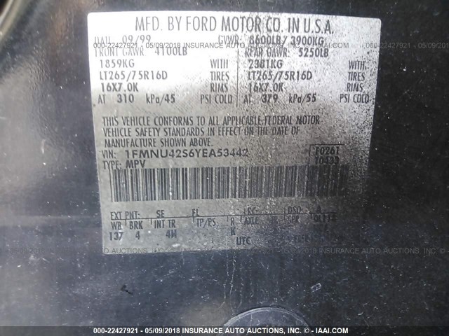 1FMNU42S6YEA53442 - 2000 FORD EXCURSION LIMITED BLACK photo 9