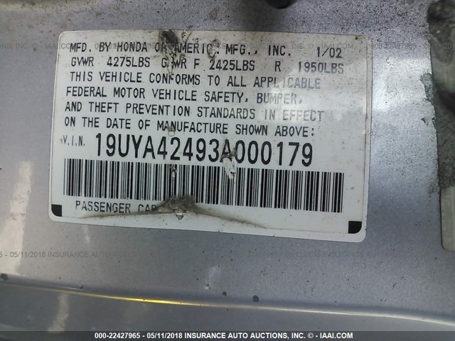 19UYA42493A000179 - 2003 ACURA 3.2CL SILVER photo 9