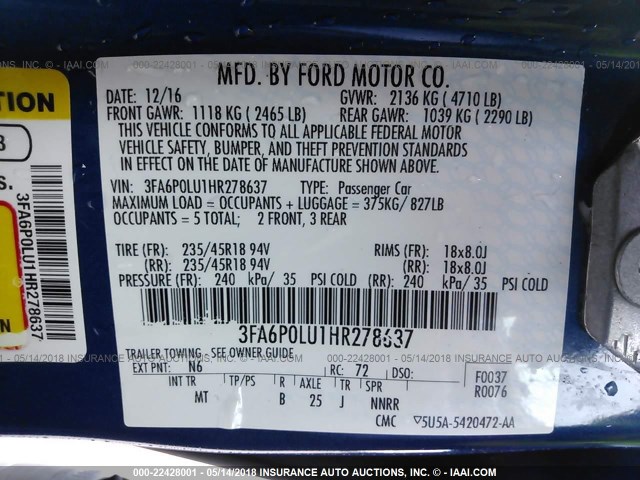 3FA6P0LU1HR278637 - 2017 FORD FUSION SE HYBRID BLUE photo 9