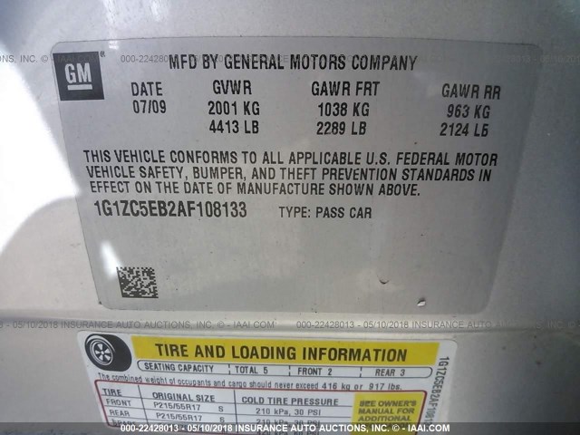 1G1ZC5EB2AF108133 - 2010 CHEVROLET MALIBU 1LT 银色 照片 9