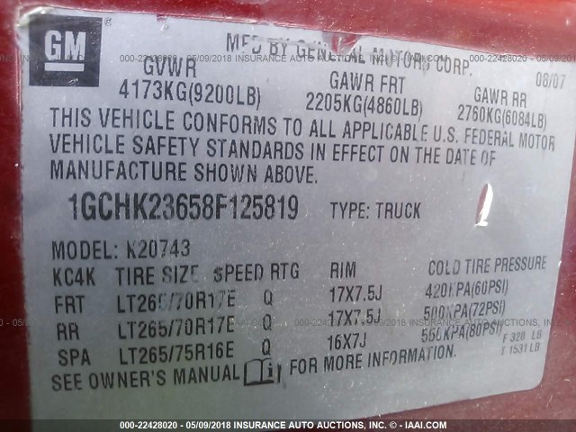 1GCHK23658F125819 - 2008 CHEVROLET SILVERADO K2500 HEAVY DUTY RED photo 9
