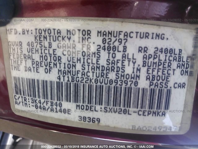 4T1BG22K0VU093970 - 1997 TOYOTA CAMRY CE/LE/XLE 勃艮第红 照片 9