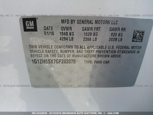 1G1ZH5SX7GF202079 - 2016 CHEVROLET MALIBU PREMIER 白色 照片 9