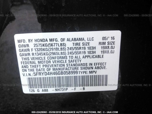 5FRYD4H46GB058999 - 2016 ACURA MDX TECHNOLOGY BLACK photo 9