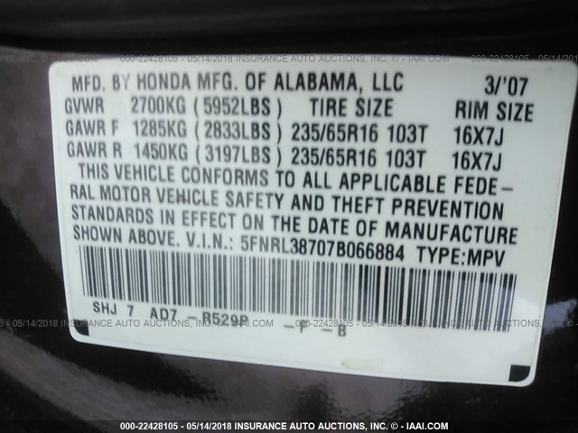 5FNRL38707B066884 - 2007 HONDA ODYSSEY EXL BURGUNDY photo 9