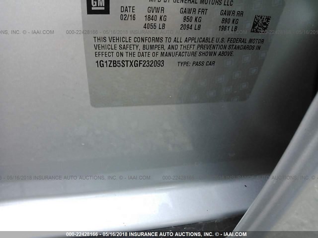 1G1ZB5STXGF232093 - 2016 CHEVROLET MALIBU LS 银色 照片 9