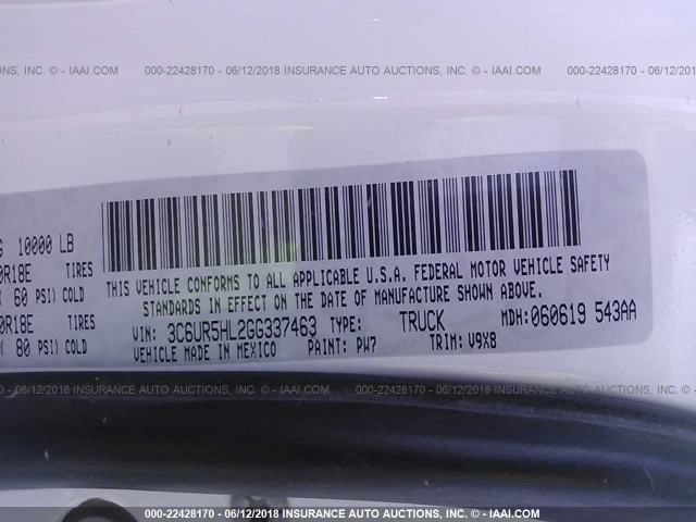 3C6UR5HL2GG337463 - 2016 RAM 2500 ST WHITE photo 9