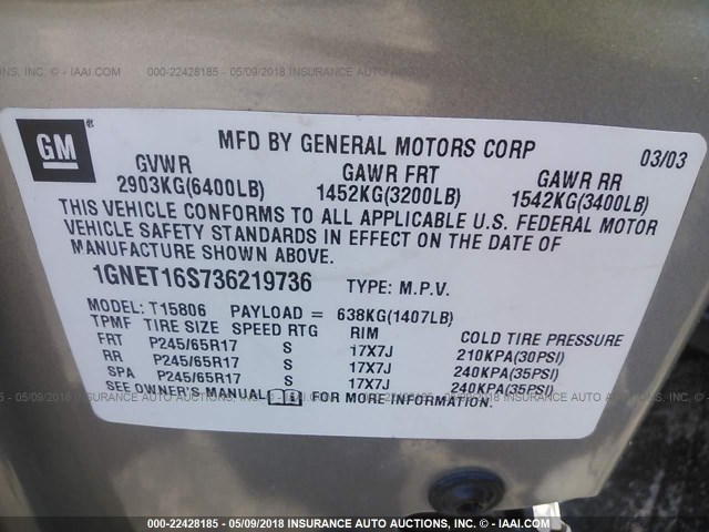 1GNET16S736219736 - 2003 CHEVROLET TRAILBLAZER EXT SILVER photo 9