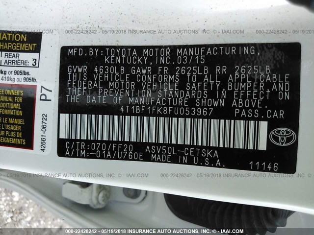 4T1BF1FK8FU053967 - 2015 TOYOTA CAMRY LE/XLE/SE/XSE WHITE photo 9