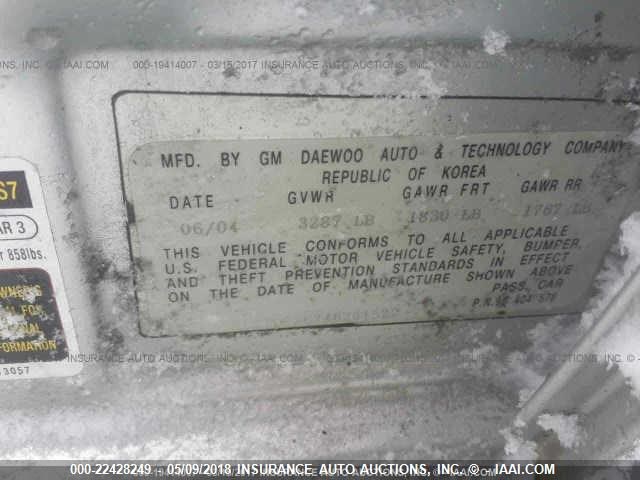 KL1TD62674B261522 - 2004 CHEVROLET AVEO GRAY photo 9