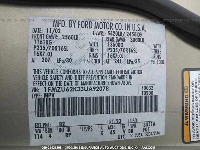 1FMZU62K33UA92078 - 2003 FORD EXPLORER XLS/XLS SPORT GOLD photo 9