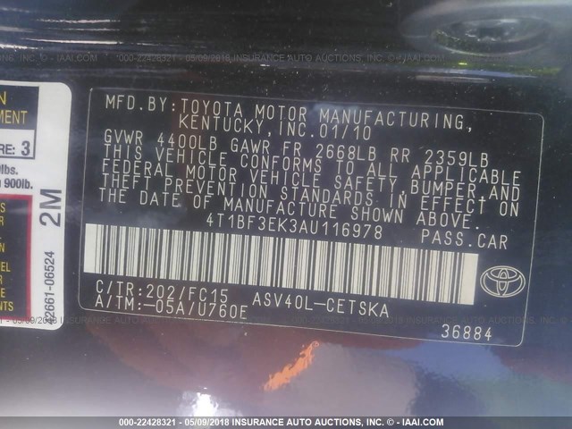 4T1BF3EK3AU116978 - 2010 TOYOTA CAMRY SE/LE/XLE 黑色 照片 9