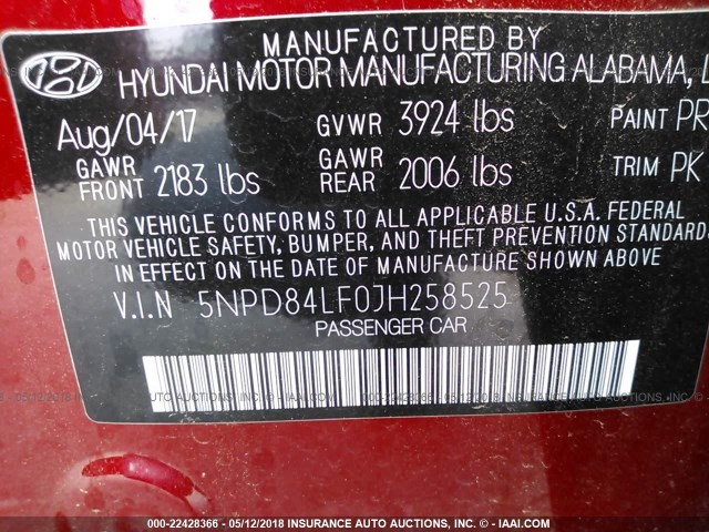 5NPD84LF0JH258525 - 2018 HYUNDAI ELANTRA SEL/VALUE/LIMITED RED photo 9