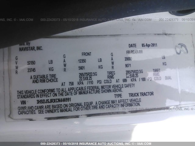 3HSDJSJRXCN446991 - 2012 INTERNATIONAL PROSTAR أبيض صورة 10