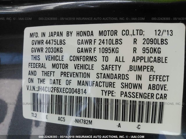 JH4CU2F6XEC004814 - 2014 ACURA TSX TECH BLACK photo 9