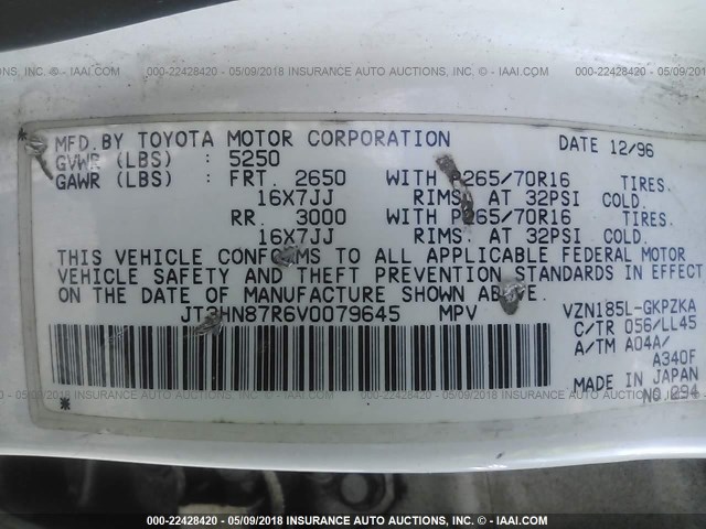 JT3HN87R6V0079645 - 1997 TOYOTA 4RUNNER LIMITED WHITE photo 9