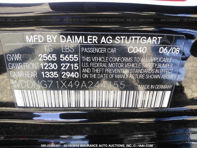 WDDNG71X49A244155 - 2009 MERCEDES-BENZ S 550 BLACK photo 9